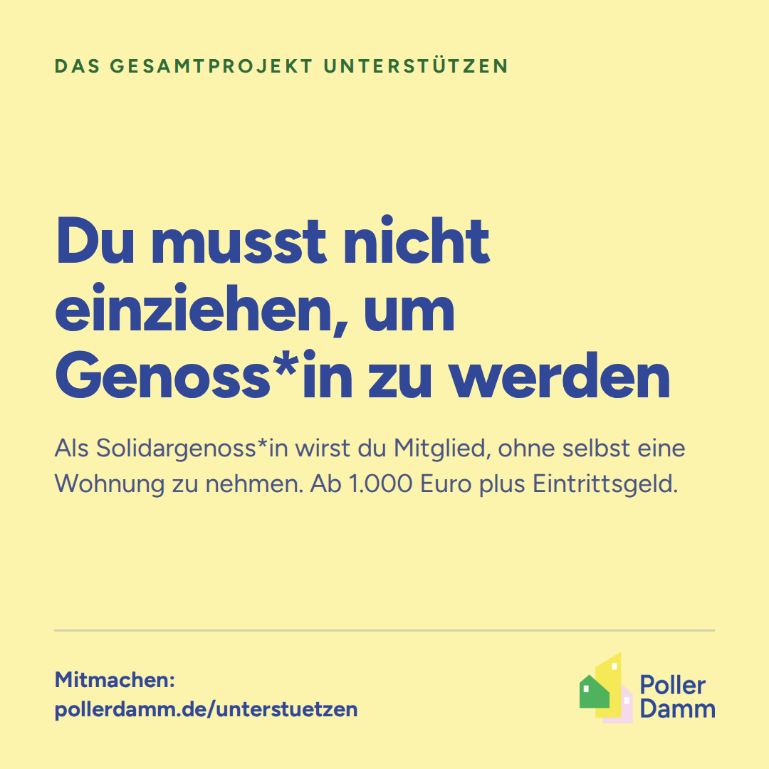 Sharepic: Du musst nicht einziehen, um Genoss*in zu werden. Als Solidargenoss*in wirst du Mitglied ab 1.000 Euro plus Eintrittsgeld.