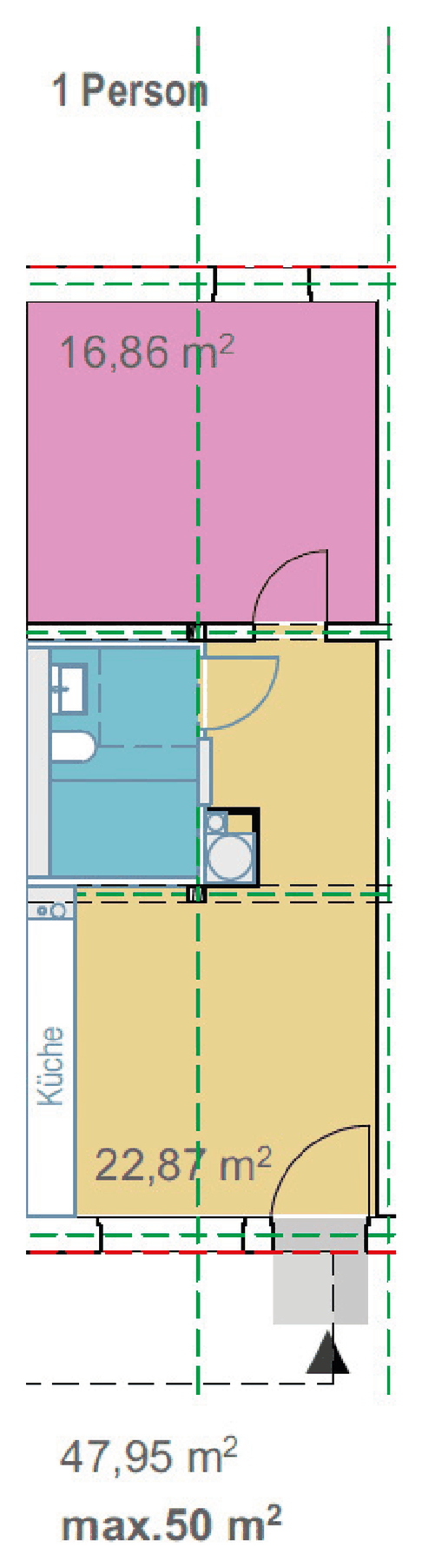 Grundriss Wohnungstyp 1: 1 Schlafzimmer + Wohnküche