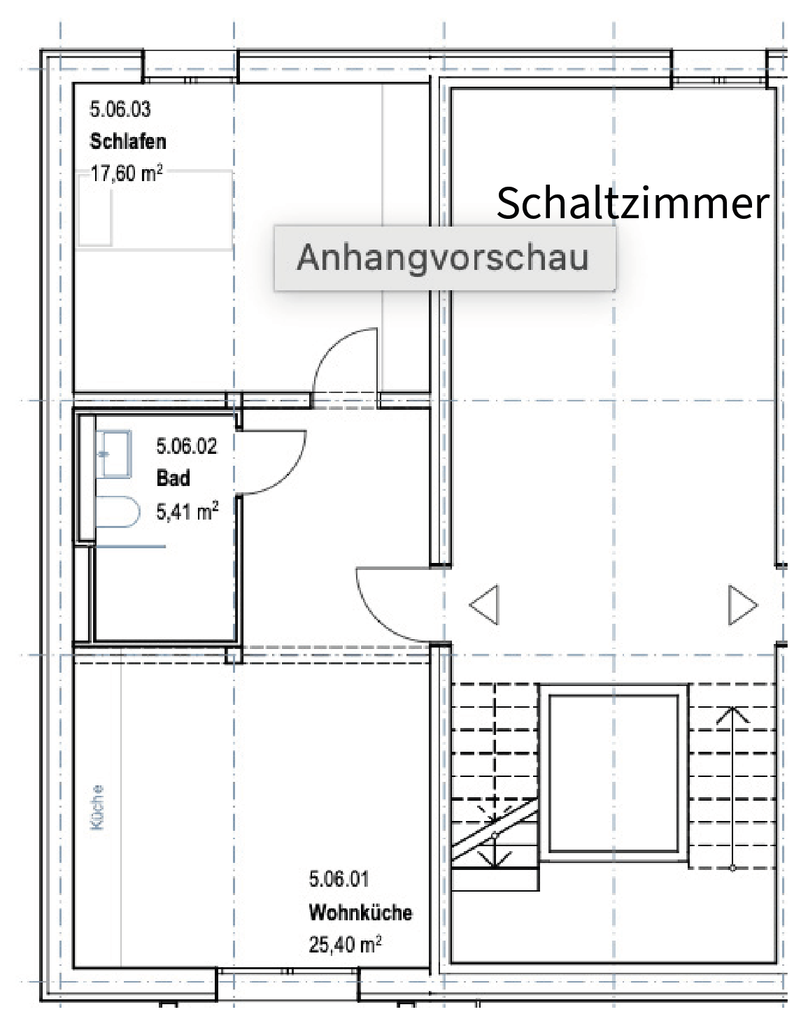 Grundriss Wohnungstyp 1b: 1 Schlafzimmer + Schaltzimmer + Wohnküche