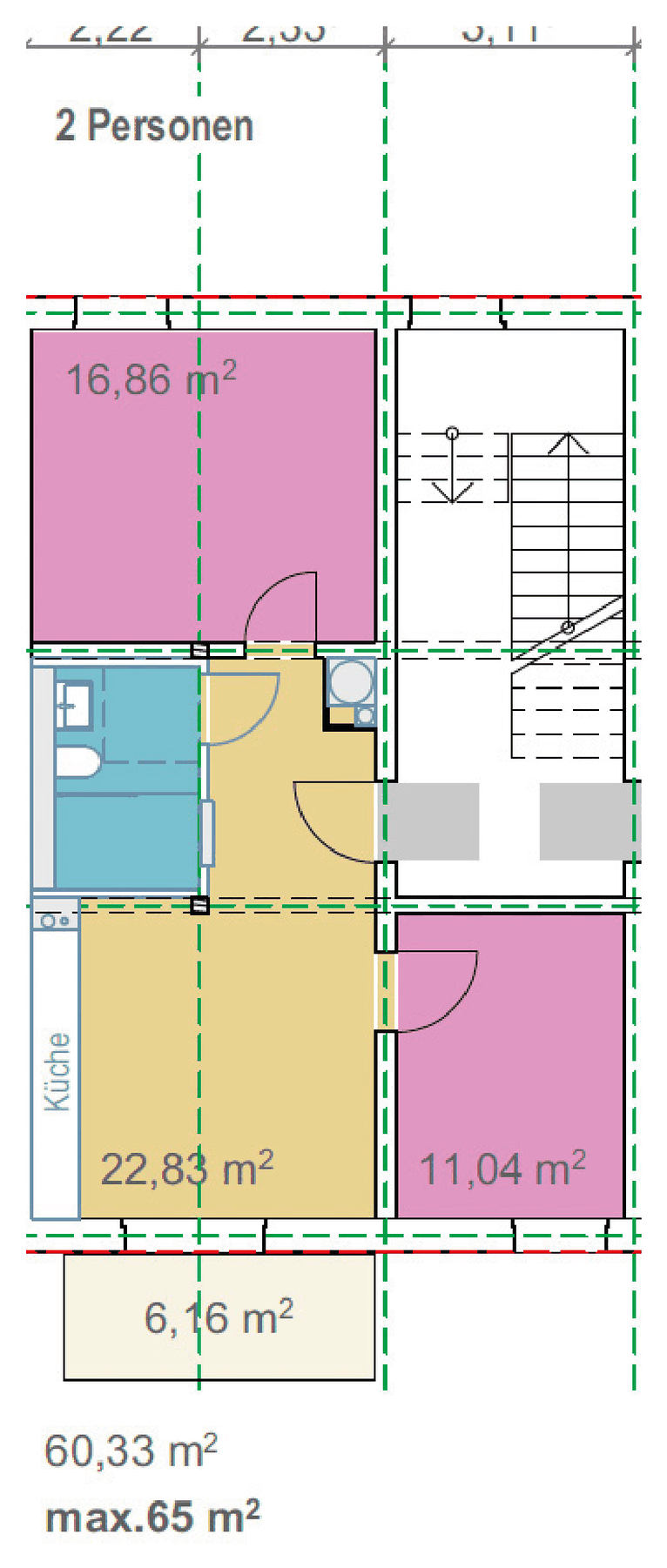 Grundriss Wohnungstyp 2: 2 Schlafzimmer + Wohnküche