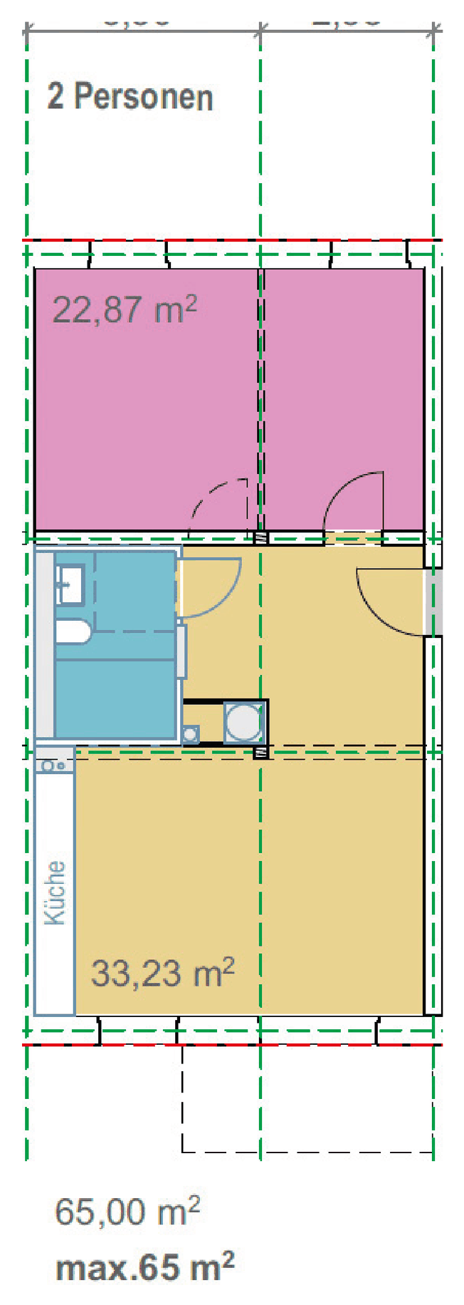 Grundriss Wohnungstyp 3: 1–2 Schlafzimmer + Wohnküche