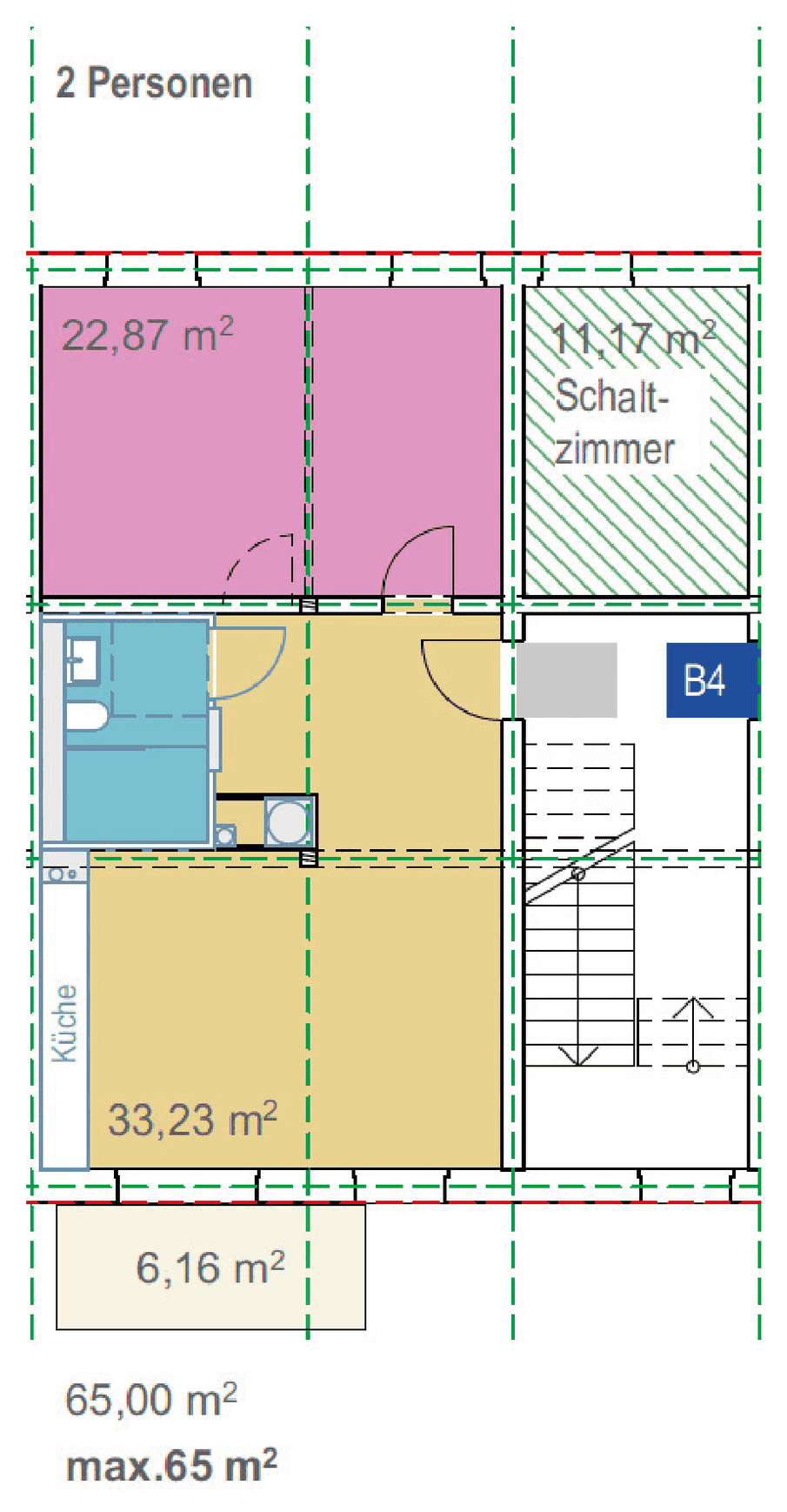 Grundriss Wohnungstyp 3b: 1–2 Schlafzimmer + Schaltzimmer + Wohnküche