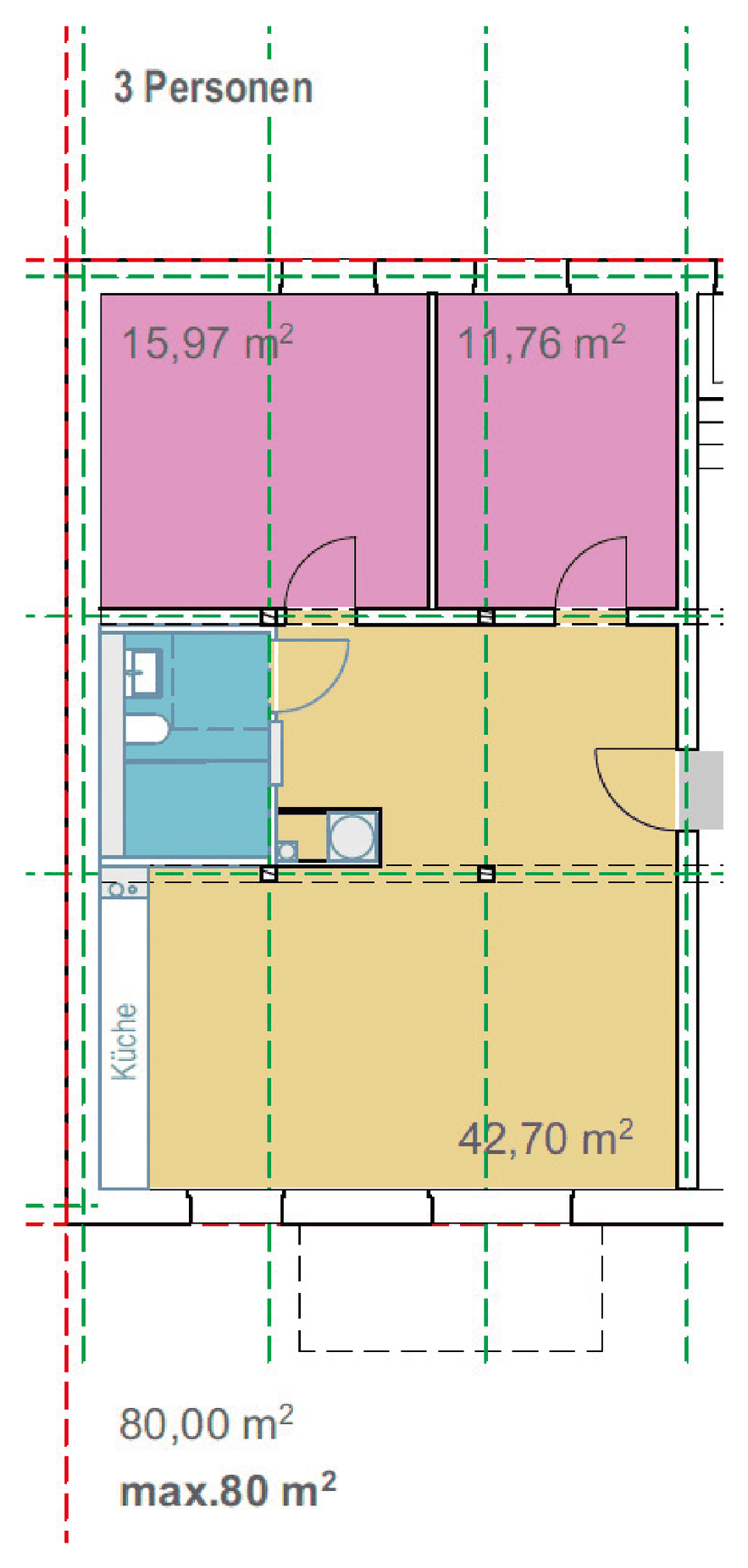 Grundriss Wohnungstyp 4: 2 Schlafzimmer + Wohnküche