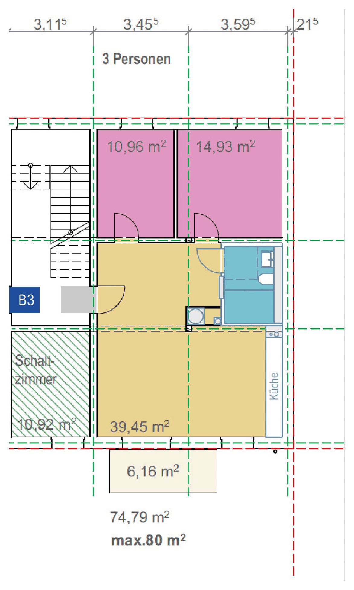 Grundriss Wohnungstyp 4b: 2 Schlafzimmer + Schaltzimmer + Wohnküche