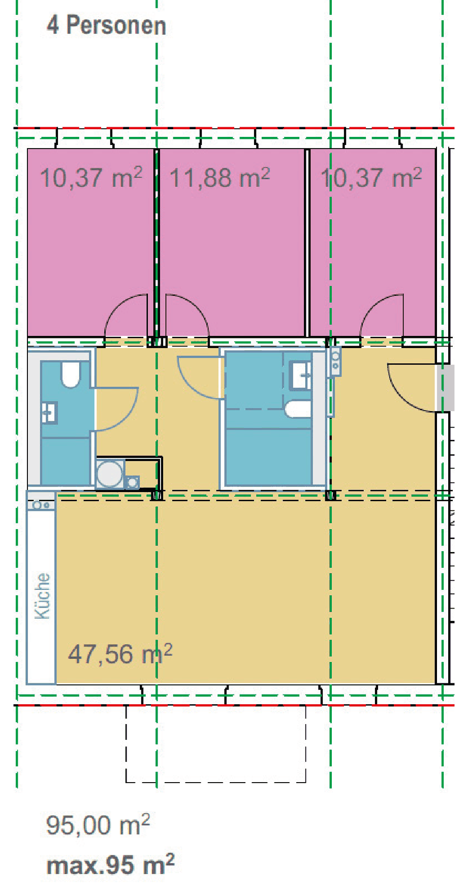 Grundriss Wohnungstyp 5: 3 Schlafzimmer + Wohnküche