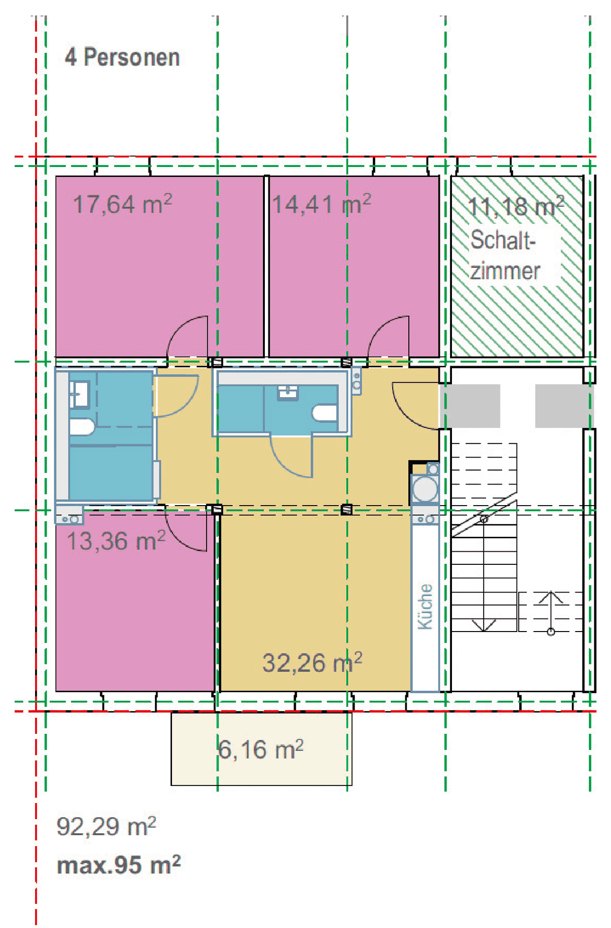 Grundriss Wohnungstyp 5b: 3 Schlafzimmer + Schaltzimmer + Wohnküche